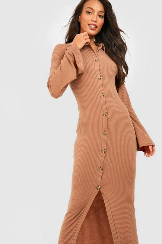 BOOHOO Tall Knitted Rib Flare Sleeve Button Down Midi Dress 4 BOOHOO Tall Knitted Rib Flare Sleeve Button Down Midi Dress - Image 4