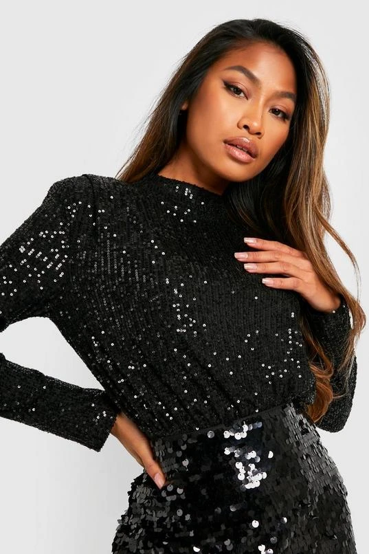 BOOHOO Black High Neck Sequin Bodysuit 1 BOOHOO Black High Neck Sequin Bodysuit