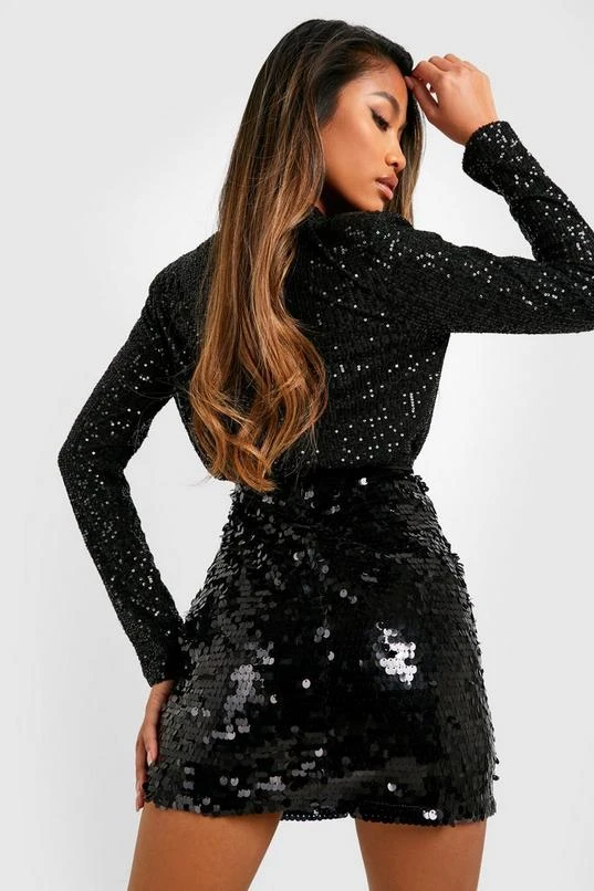 BOOHOO Black High Neck Sequin Bodysuit 2 BOOHOO Black High Neck Sequin Bodysuit - Image 2