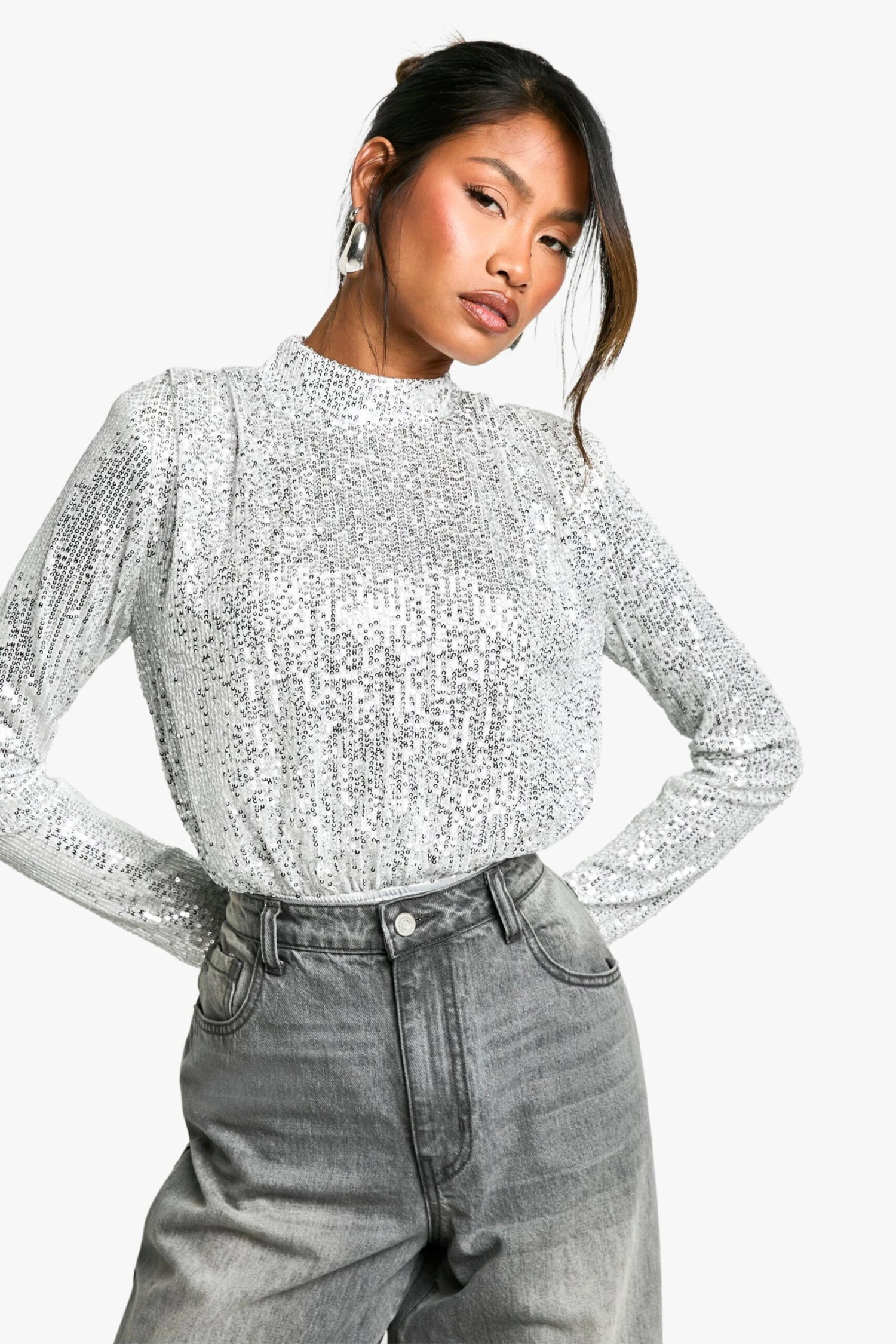 BOOHOO Black High Neck Sequin Bodysuit 6 BOOHOO Black High Neck Sequin Bodysuit - Image 6