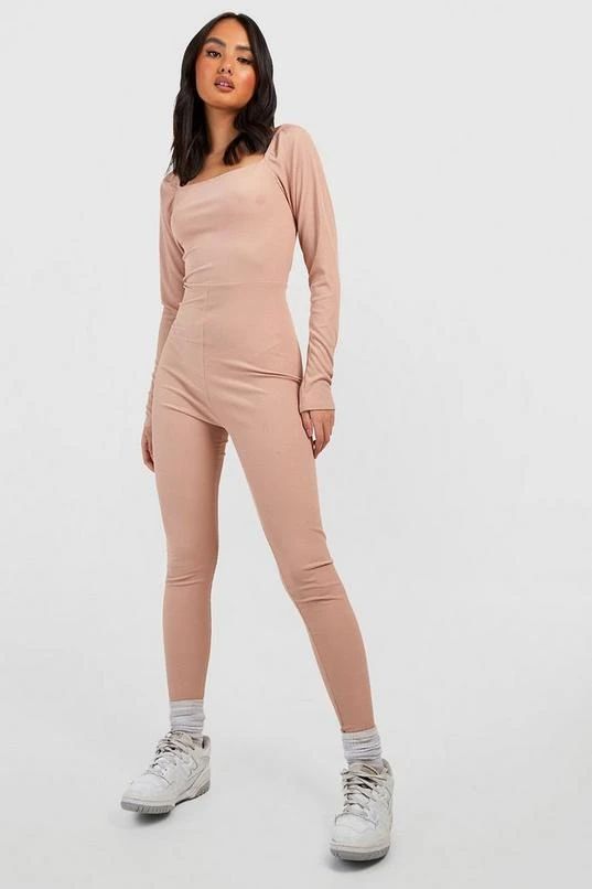 BOOHOO Basic Square Neck Rib Long Sleeve Unitard Jumpsuit 1 BOOHOO Basic Square Neck Rib Long Sleeve Unitard Jumpsuit
