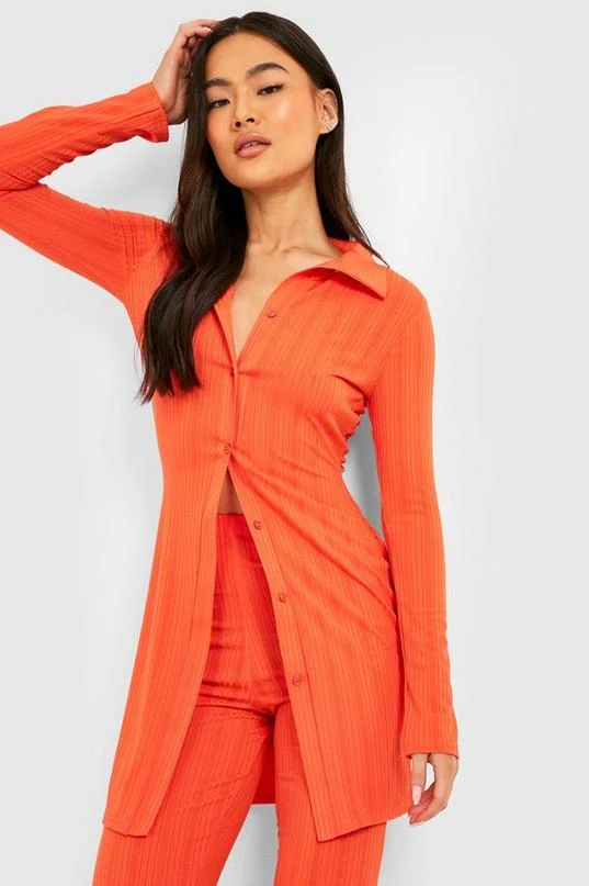 BOOHOO Ribbed Longline Button Front Shirt 1 BOOHOO Ribbed Longline Button Front Shirt