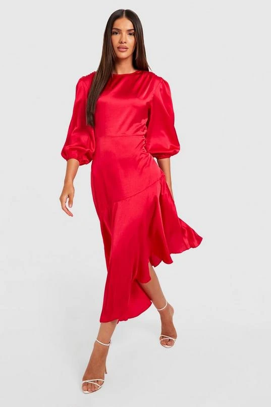 BOOHOO Satin Puff Sleeve Ruffle Hem Midi Dress 1 BOOHOO Satin Puff Sleeve Ruffle Hem Midi Dress