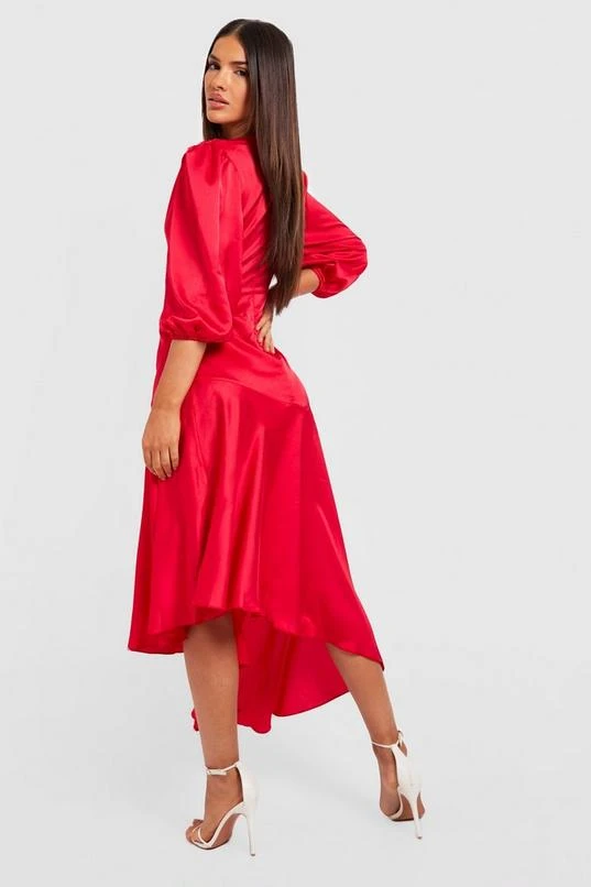 BOOHOO Satin Puff Sleeve Ruffle Hem Midi Dress 2 BOOHOO Satin Puff Sleeve Ruffle Hem Midi Dress - Image 2