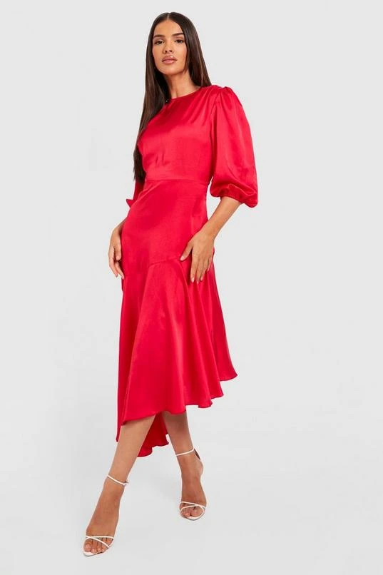 BOOHOO Satin Puff Sleeve Ruffle Hem Midi Dress 3 BOOHOO Satin Puff Sleeve Ruffle Hem Midi Dress - Image 3