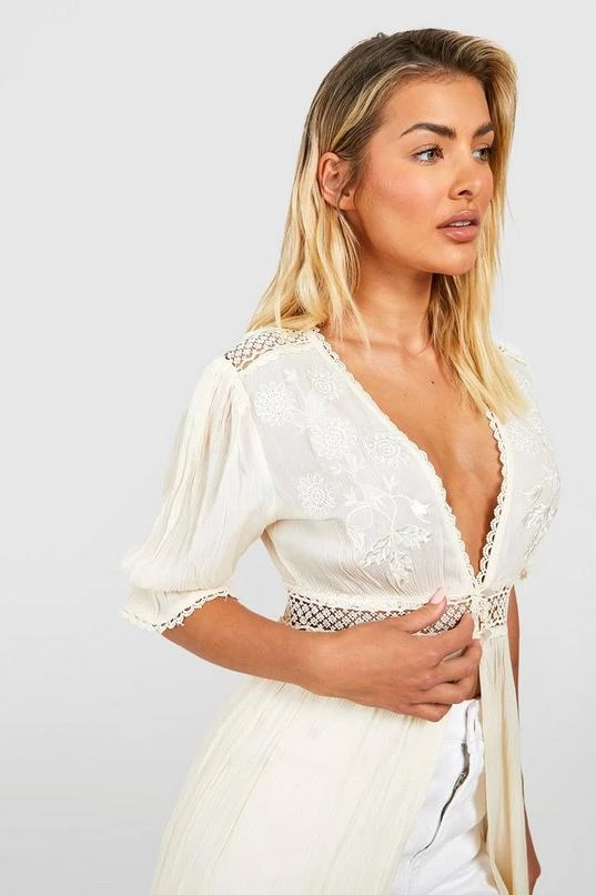 BOOHOO Cheesecloth Embroidered Crochet Trim Kimono 4 BOOHOO Cheesecloth Embroidered Crochet Trim Kimono - Image 4