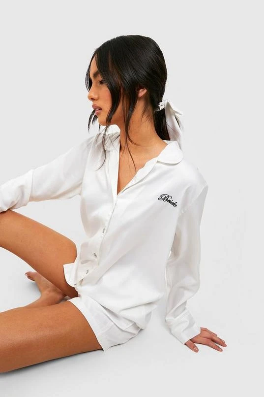 BOOHOO Premium Bride Embroidered Satin Pajama Short Set And Bow 1 BOOHOO Premium Bride Embroidered Satin Pajama Short Set And Bow
