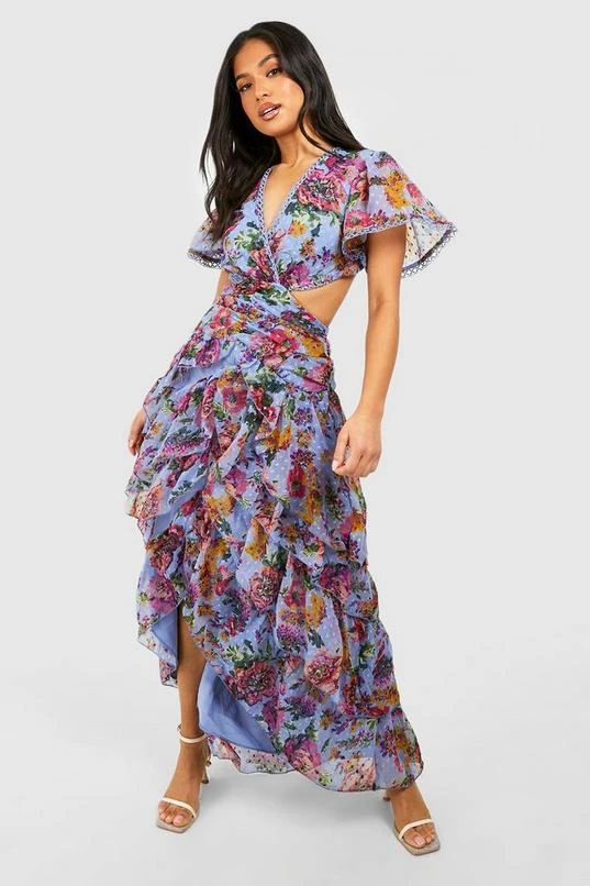 BOOHOO Petite Floral Dobby Mesh Cut Out Maxi Dress 1 BOOHOO Petite Floral Dobby Mesh Cut Out Maxi Dress