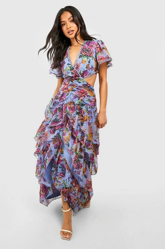 BOOHOO Petite Floral Dobby Mesh Cut Out Maxi Dress 3 BOOHOO Petite Floral Dobby Mesh Cut Out Maxi Dress - Image 3