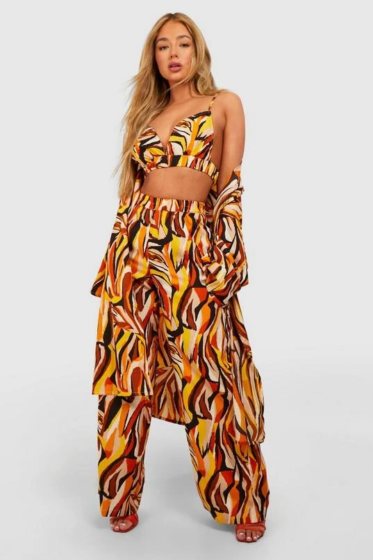 BOOHOO Abstract Print Kimono, Bralette & Wide Leg Pants 1 BOOHOO Abstract Print Kimono, Bralette & Wide Leg Pants