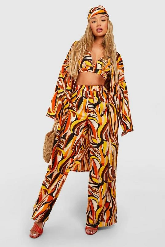 BOOHOO Abstract Print Kimono, Bralette & Wide Leg Pants 3 BOOHOO Abstract Print Kimono, Bralette & Wide Leg Pants - Image 3