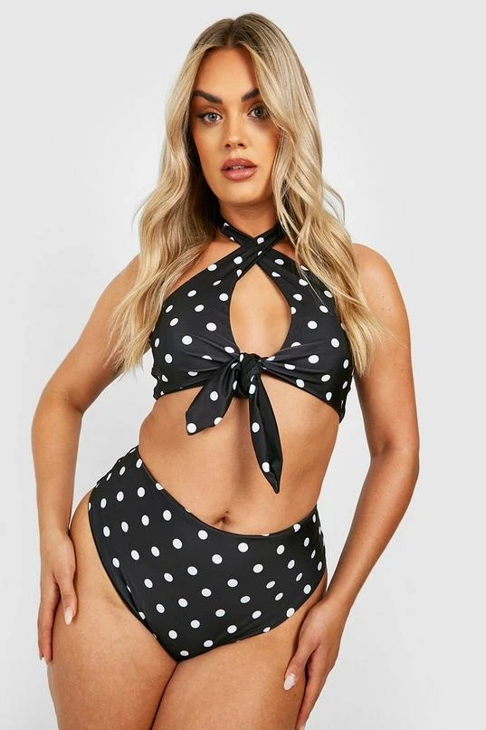 BOOHOO Plus Polka Reversible Tie Front Bikini Top 1 BOOHOO Plus Polka Reversible Tie Front Bikini Top