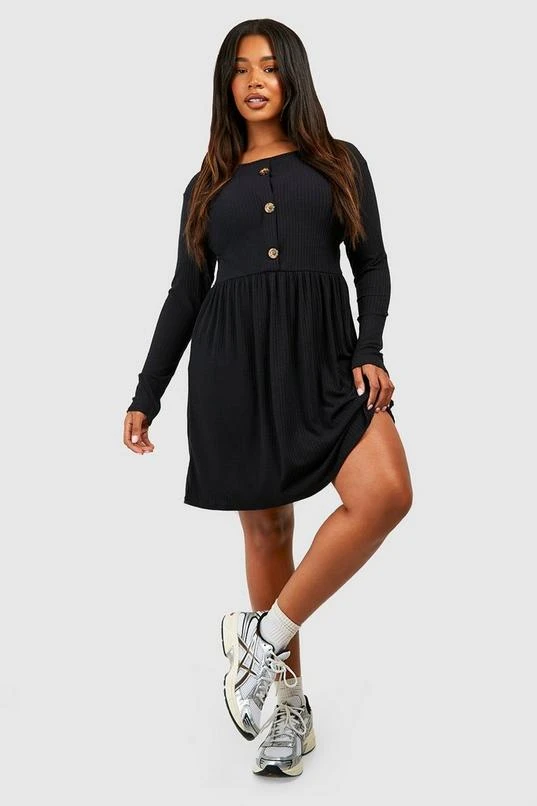 BOOHOO Plus Soft Rib Button Smock Dress 1 BOOHOO Plus Soft Rib Button Smock Dress