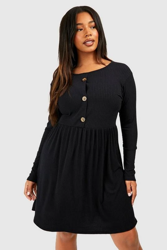 BOOHOO Plus Soft Rib Button Smock Dress 3 BOOHOO Plus Soft Rib Button Smock Dress - Image 3