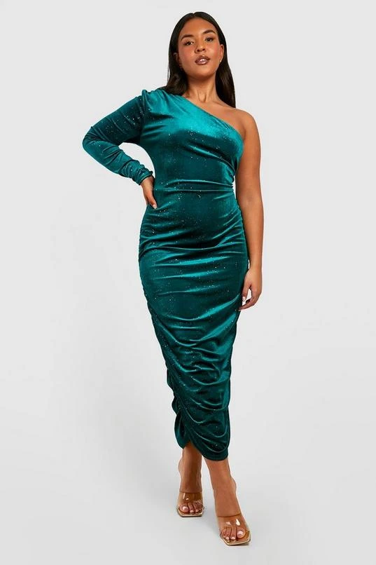 BOOHOO Plus One Shoulder Glitter Velvet Midi Dress 1 BOOHOO Plus One Shoulder Glitter Velvet Midi Dress