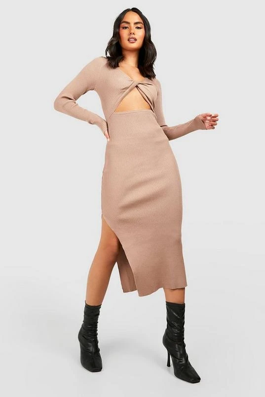 BOOHOO Tie Front Cut Out Detail Rib Knit Midi Dress 1 BOOHOO Tie Front Cut Out Detail Rib Knit Midi Dress