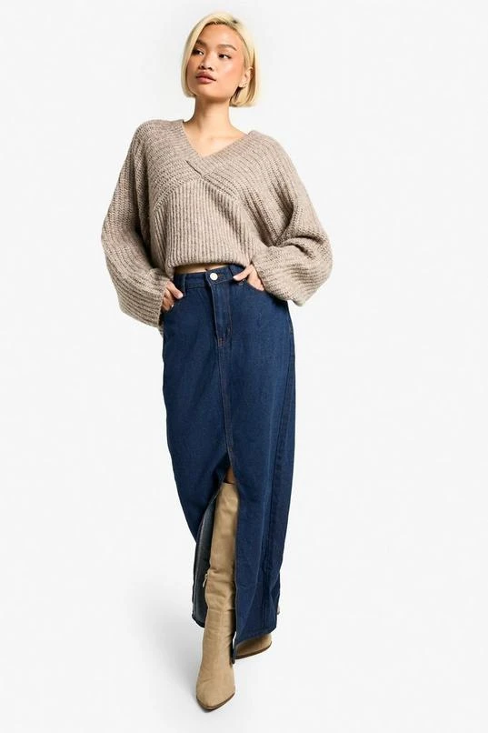 BOOHOO Dark Wash Split Front Denim Maxi Skirt 1 BOOHOO Dark Wash Split Front Denim Maxi Skirt