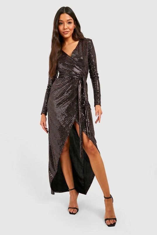 BOOHOO Sequin Long Sleeve Wrap Detail Maxi Dress 1 BOOHOO Sequin Long Sleeve Wrap Detail Maxi Dress