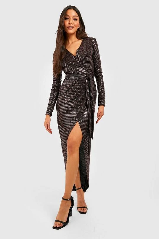 BOOHOO Sequin Long Sleeve Wrap Detail Maxi Dress 3 BOOHOO Sequin Long Sleeve Wrap Detail Maxi Dress - Image 3