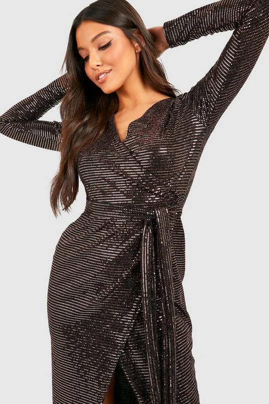 BOOHOO Sequin Long Sleeve Wrap Detail Maxi Dress 4 BOOHOO Sequin Long Sleeve Wrap Detail Maxi Dress - Image 4
