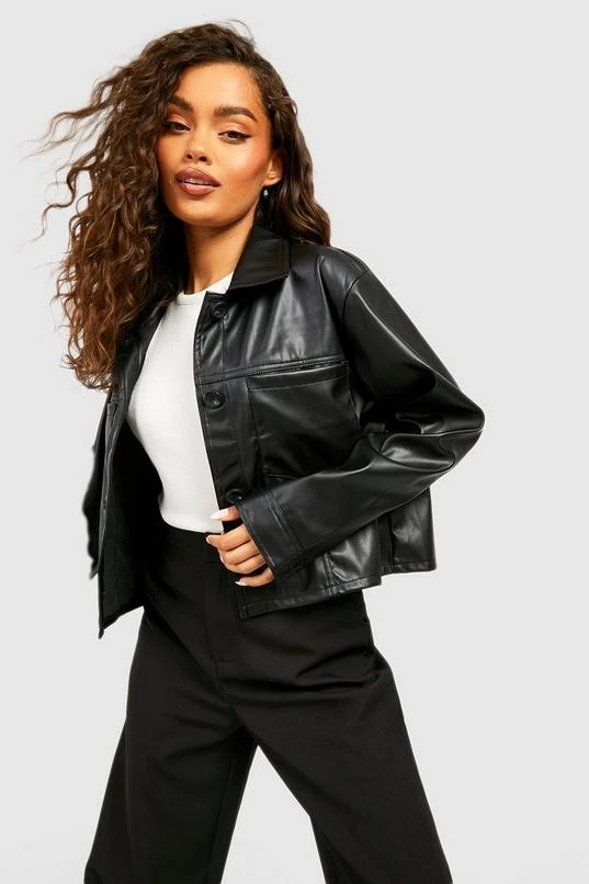 BOOHOO Faux Leather Cropped Trucker Jacket 4 BOOHOO Faux Leather Cropped Trucker Jacket - Image 4