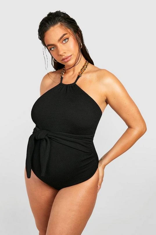 BOOHOO Maternity Crinkle Chain Detail Tie Front Swimsuit 1 BOOHOO Maternity Crinkle Chain Detail Tie Front Swimsuit