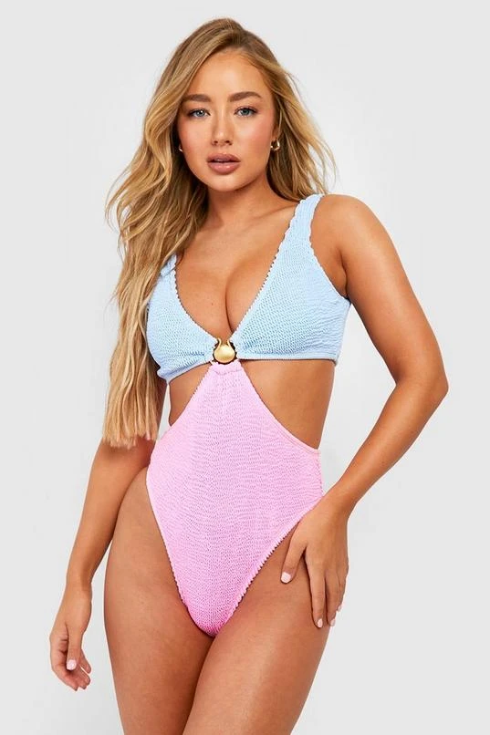 BOOHOO Shell Color Block Crinkle Cut Out Swimsuit 1 BOOHOO Shell Color Block Crinkle Cut Out Swimsuit