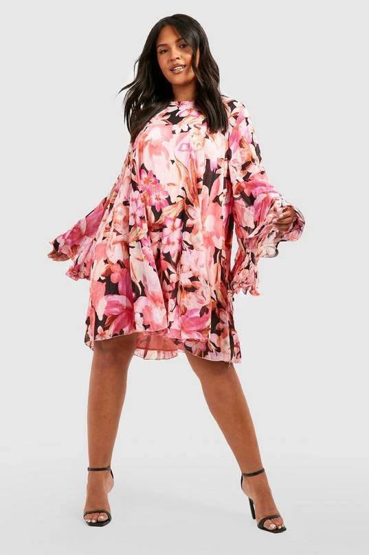 BOOHOO Plus Floral Print Flared Sleeve Smock Dress 1 BOOHOO Plus Floral Print Flared Sleeve Smock Dress