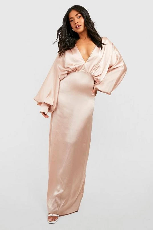 BOOHOO Petite Satin Plunge Blouson Sleeve Maxi Dress 1 BOOHOO Petite Satin Plunge Blouson Sleeve Maxi Dress