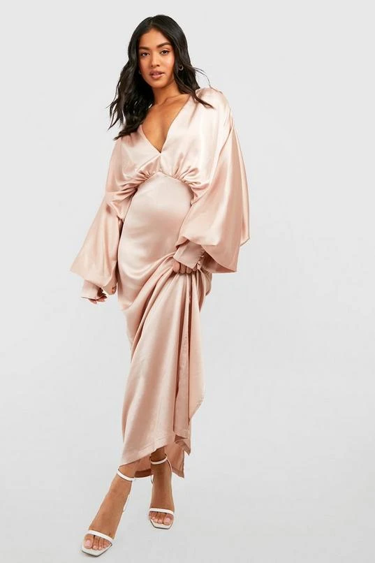 BOOHOO Petite Satin Plunge Blouson Sleeve Maxi Dress 3 BOOHOO Petite Satin Plunge Blouson Sleeve Maxi Dress - Image 3