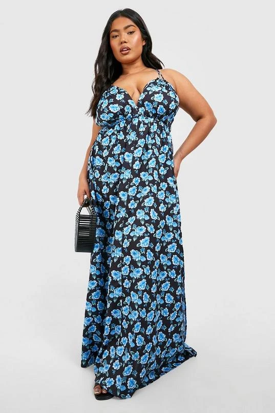 BOOHOO Plus Floral Strappy Plunge Maxi Dress 1 BOOHOO Plus Floral Strappy Plunge Maxi Dress