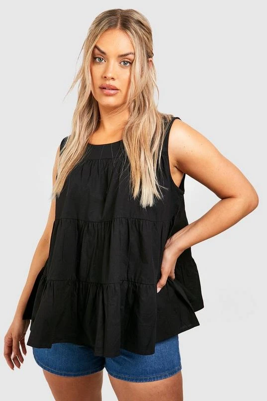 BOOHOO Black Plus Tiered Poplin Smock Top 1 BOOHOO Black Plus Tiered Poplin Smock Top
