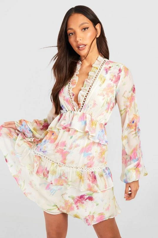 BOOHOO Tall Blurred Floral Tiered Ruffle Crochet Smock Dress 1 BOOHOO Tall Blurred Floral Tiered Ruffle Crochet Smock Dress