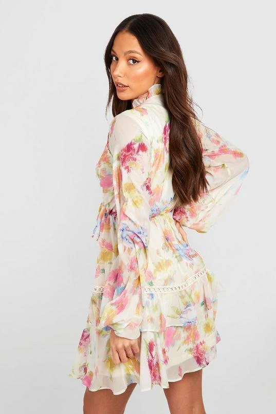 BOOHOO Tall Blurred Floral Tiered Ruffle Crochet Smock Dress 2 BOOHOO Tall Blurred Floral Tiered Ruffle Crochet Smock Dress - Image 2