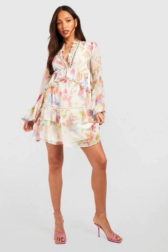 BOOHOO Tall Blurred Floral Tiered Ruffle Crochet Smock Dress 3 BOOHOO Tall Blurred Floral Tiered Ruffle Crochet Smock Dress - Image 3