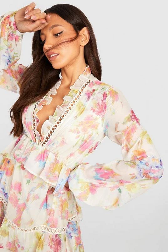 BOOHOO Tall Blurred Floral Tiered Ruffle Crochet Smock Dress 4 BOOHOO Tall Blurred Floral Tiered Ruffle Crochet Smock Dress - Image 4