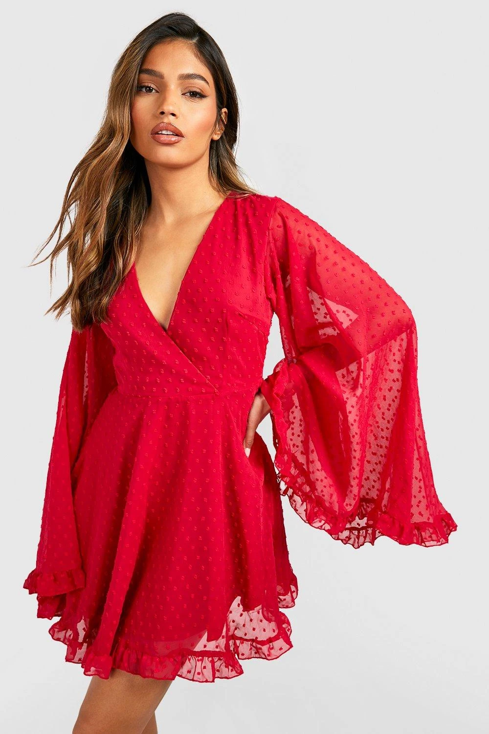 BOOHOO Dobby Chiffon Wide Sleeve Skater Dress 5 BOOHOO Dobby Chiffon Wide Sleeve Skater Dress - Image 5