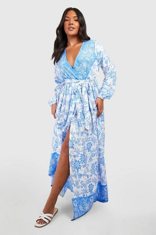 BOOHOO Plus Porcelain Wrap Tie Belt Maxi Dress 1 BOOHOO Plus Porcelain Wrap Tie Belt Maxi Dress