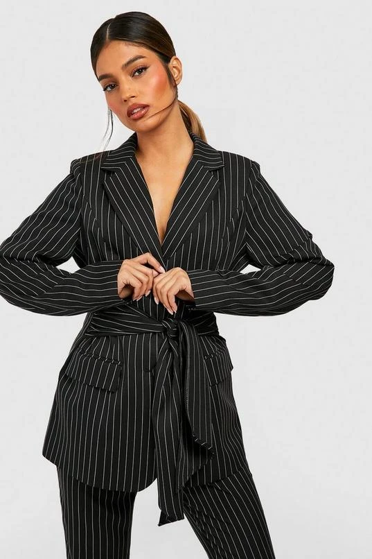 BOOHOO Pinstripe Tie Waist Fitted Tailored Blazer 1 BOOHOO Pinstripe Tie Waist Fitted Tailored Blazer