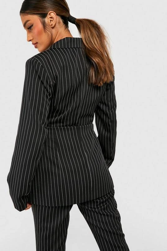 BOOHOO Pinstripe Tie Waist Fitted Tailored Blazer 2 BOOHOO Pinstripe Tie Waist Fitted Tailored Blazer - Image 2