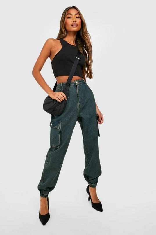 BOOHOO Acid Wash High Waisted Denim Cargo Joggers 1 BOOHOO Acid Wash High Waisted Denim Cargo Joggers