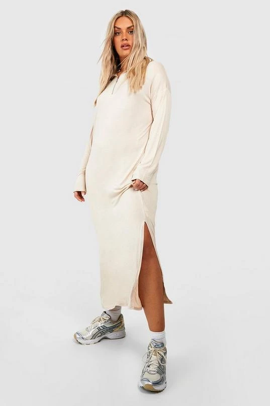 BOOHOO Plus Jersey Knit Half Zip Collar Midiaxi Dress 1 BOOHOO Plus Jersey Knit Half Zip Collar Midiaxi Dress