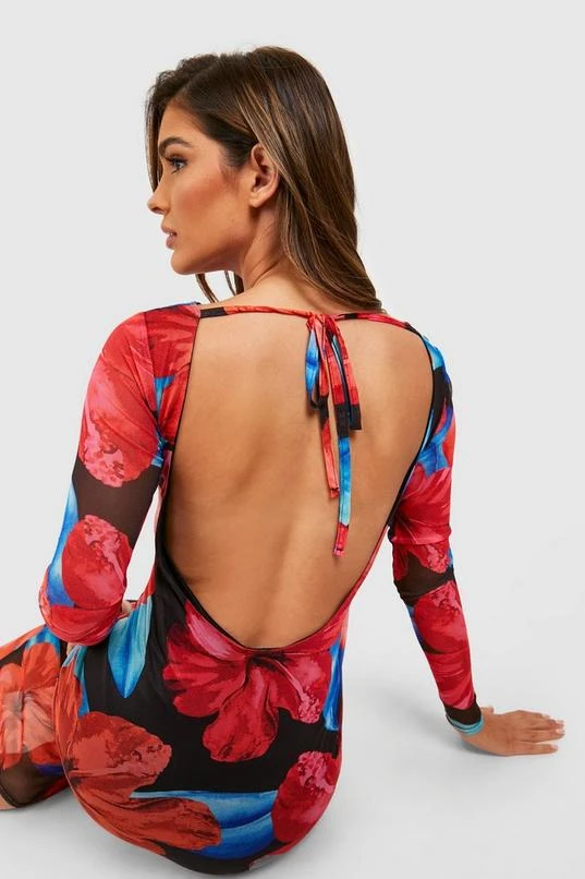 BOOHOO Floral Mesh Low Back Maxi Dress 3 BOOHOO Floral Mesh Low Back Maxi Dress - Image 3
