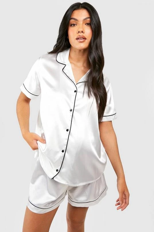 BOOHOO Maternity Satin Button Down Pj Short Set 1 BOOHOO Maternity Satin Button Down Pj Short Set