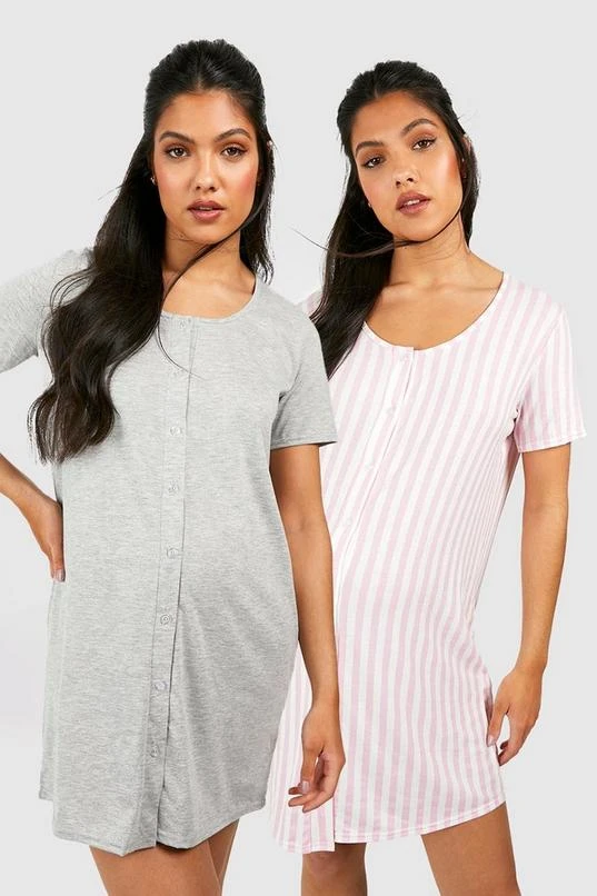 BOOHOO Maternity 2 Pack Stripe Button Front Nightgown 1 BOOHOO Maternity 2 Pack Stripe Button Front Nightgown