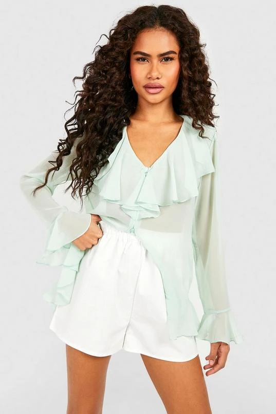 BOOHOO Chiffon Ruffle Open Front Blouse 1 BOOHOO Chiffon Ruffle Open Front Blouse