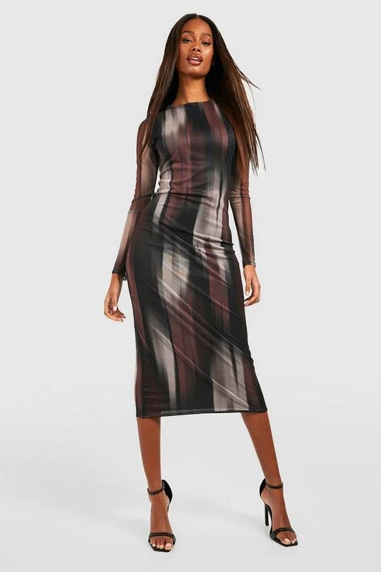 BOOHOO Abstract Mesh Long Sleeve Midi Dress 3 BOOHOO Abstract Mesh Long Sleeve Midi Dress - Image 3