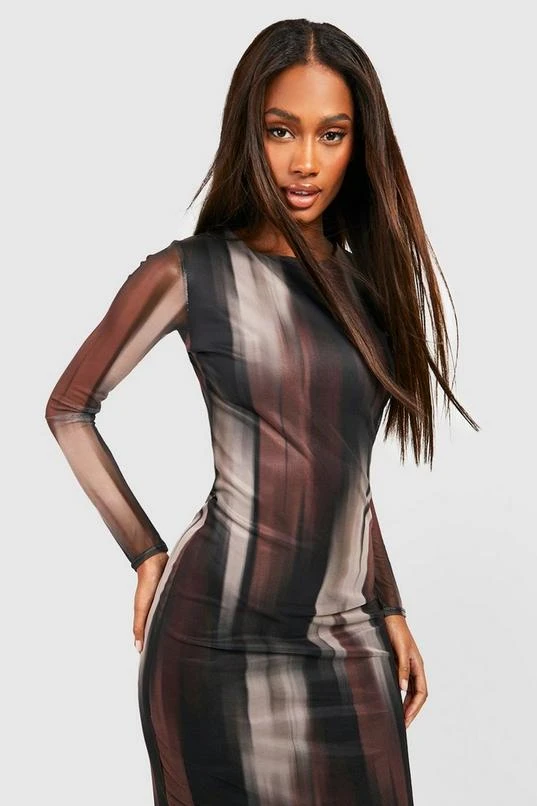 BOOHOO Abstract Mesh Long Sleeve Midi Dress 4 BOOHOO Abstract Mesh Long Sleeve Midi Dress - Image 4