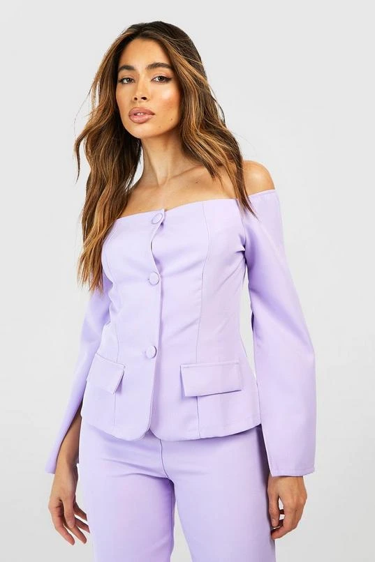BOOHOO Button Front Split Sleeve Tailored Off The Shoulder 1 BOOHOO Button Front Split Sleeve Tailored Off The Shoulder