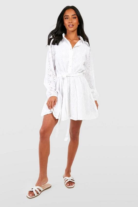 BOOHOO Petite Eyelet Belted Skater Shirt Dress 1 BOOHOO Petite Eyelet Belted Skater Shirt Dress